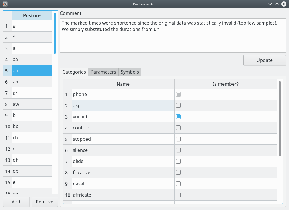 Screenshot of the posture editor - categories