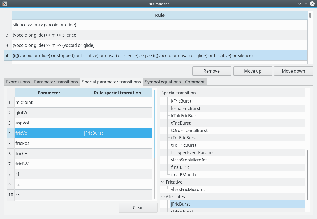 Screenshot of the rule manager - special parameter transitions
