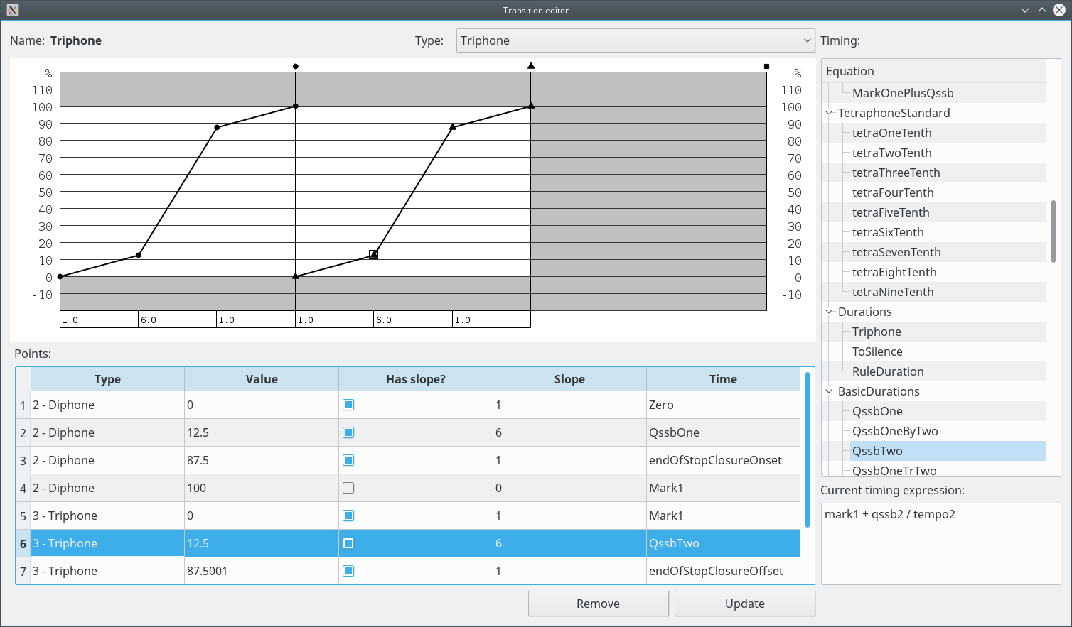 Screenshot of the transition editor